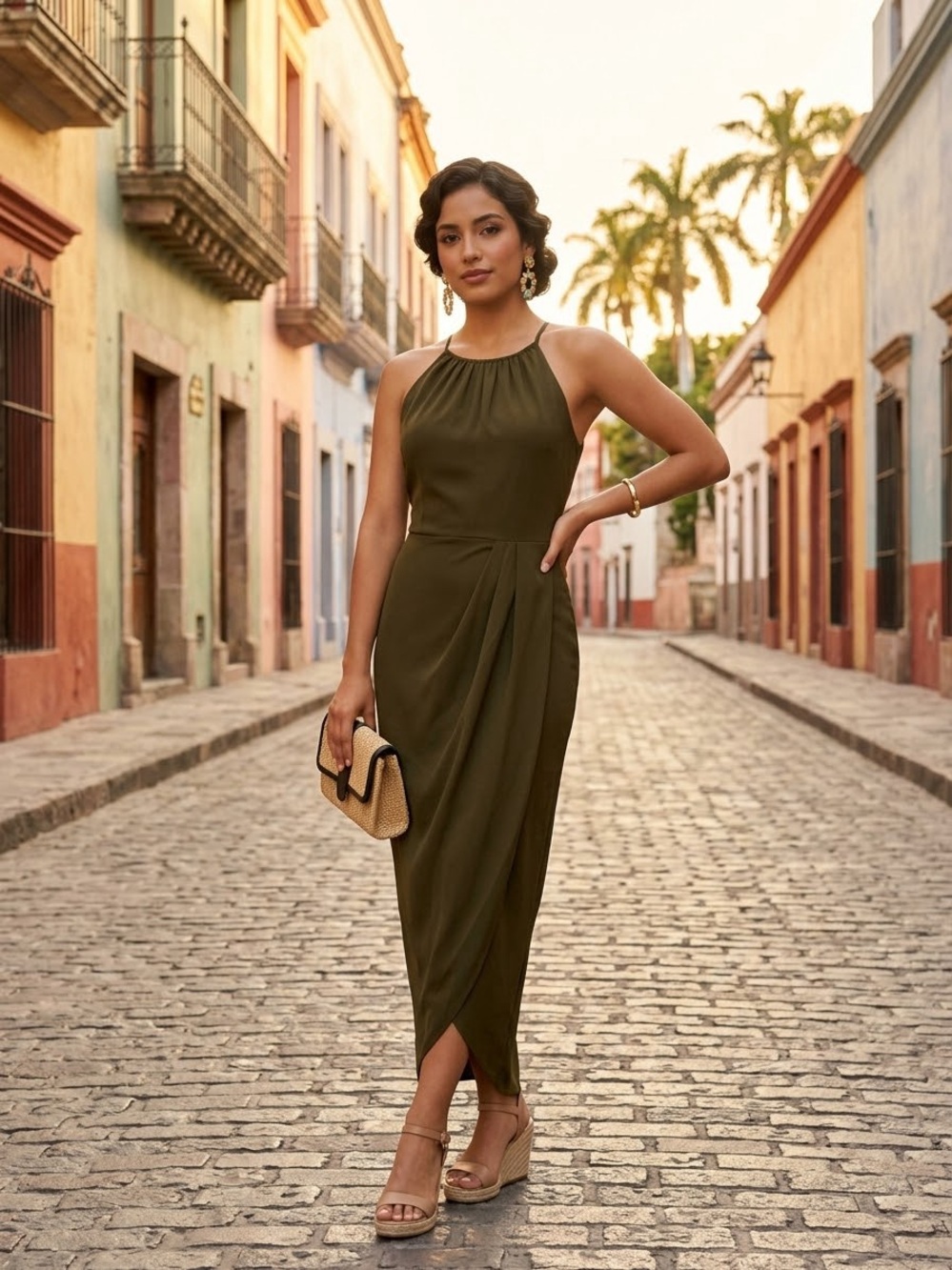 Shona Joy Olive Green Halter Draped Maxi Dress - Size 2